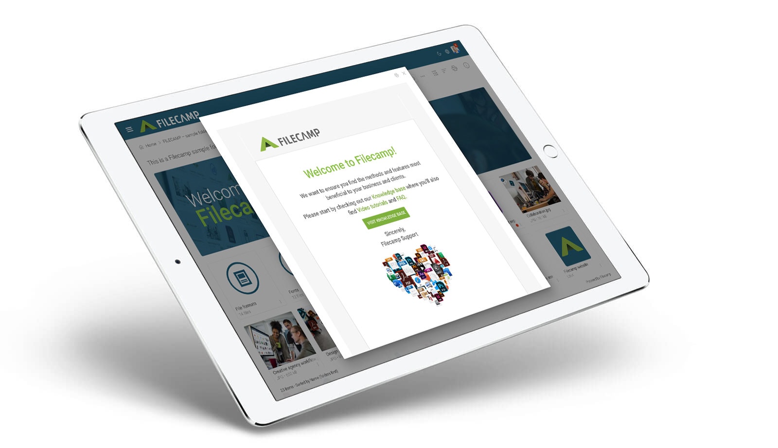 Tablet displaying Filecamp's user interface for digital asset management.