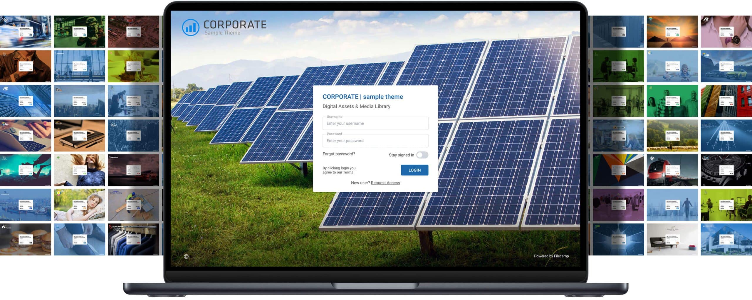 Solar panels on a field with a computer screen showing a corporate login page.