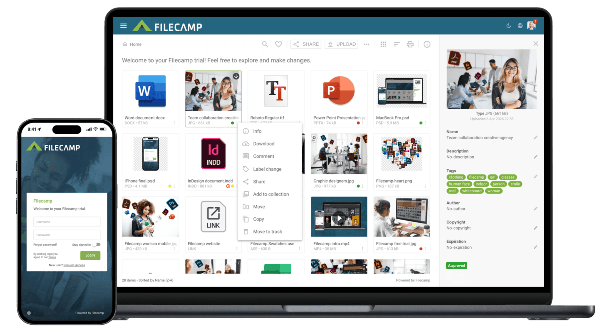 Screenshot of Filecamp cloud storage platform on desktop and mobile devices.