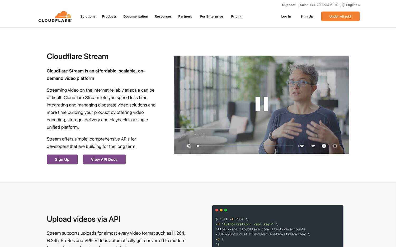 screenshot of Cloudflare Stream homepage