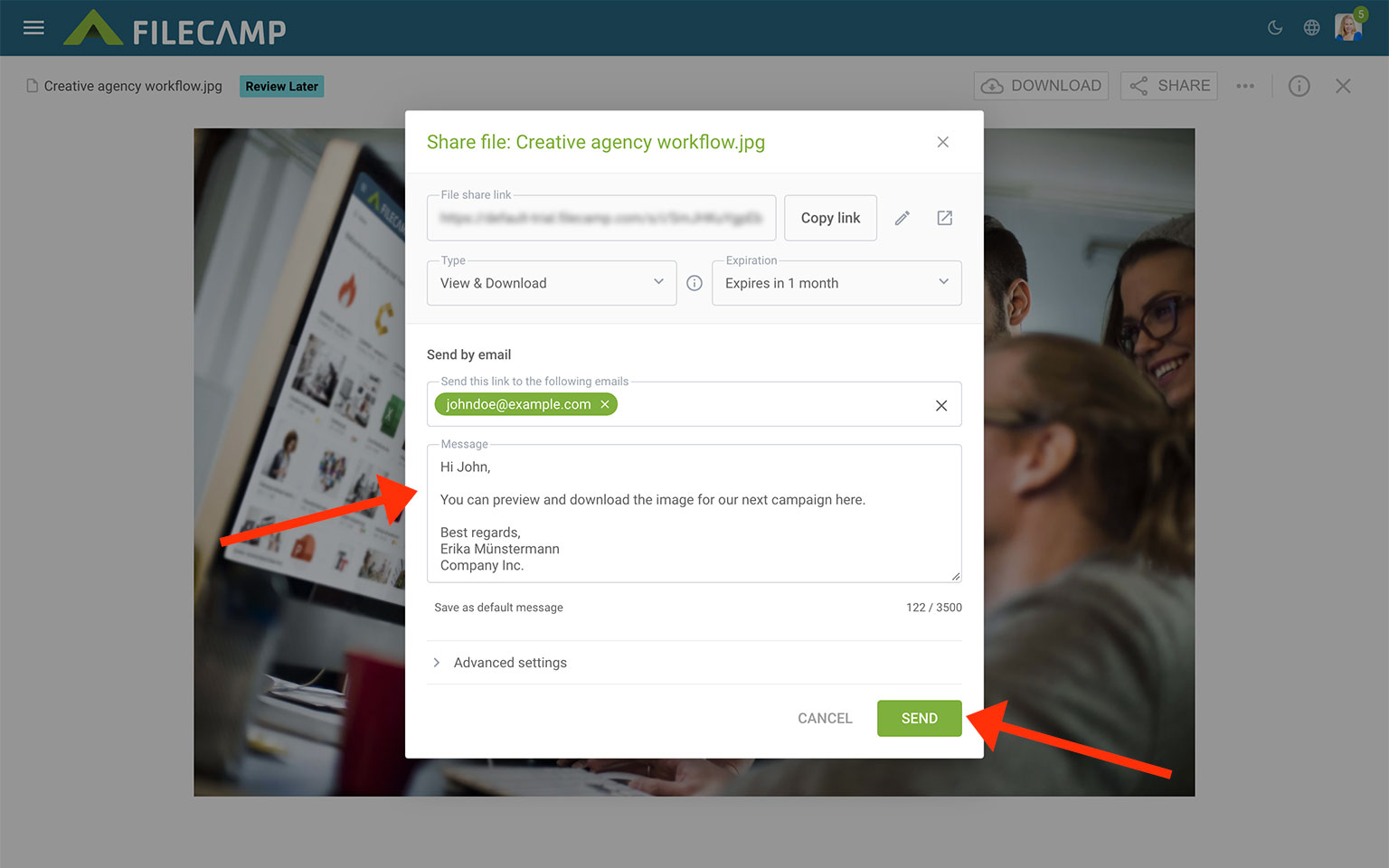 Sharing a creative agency workflow image via Filecamp platform.