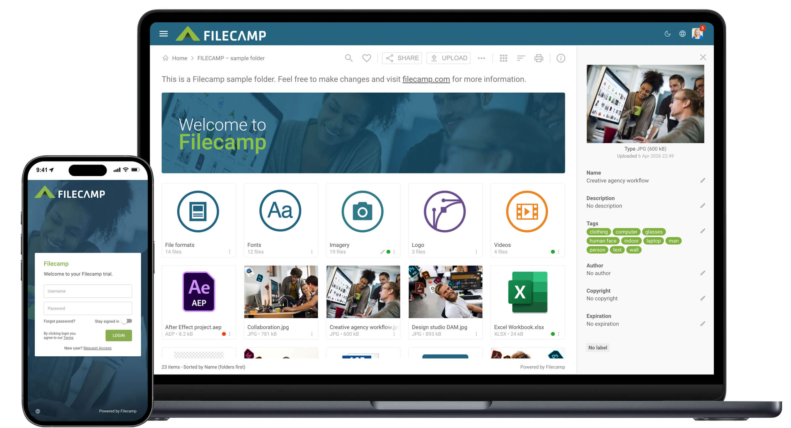 Screenshot of Filecamp online platform showing user dashboard and tools.