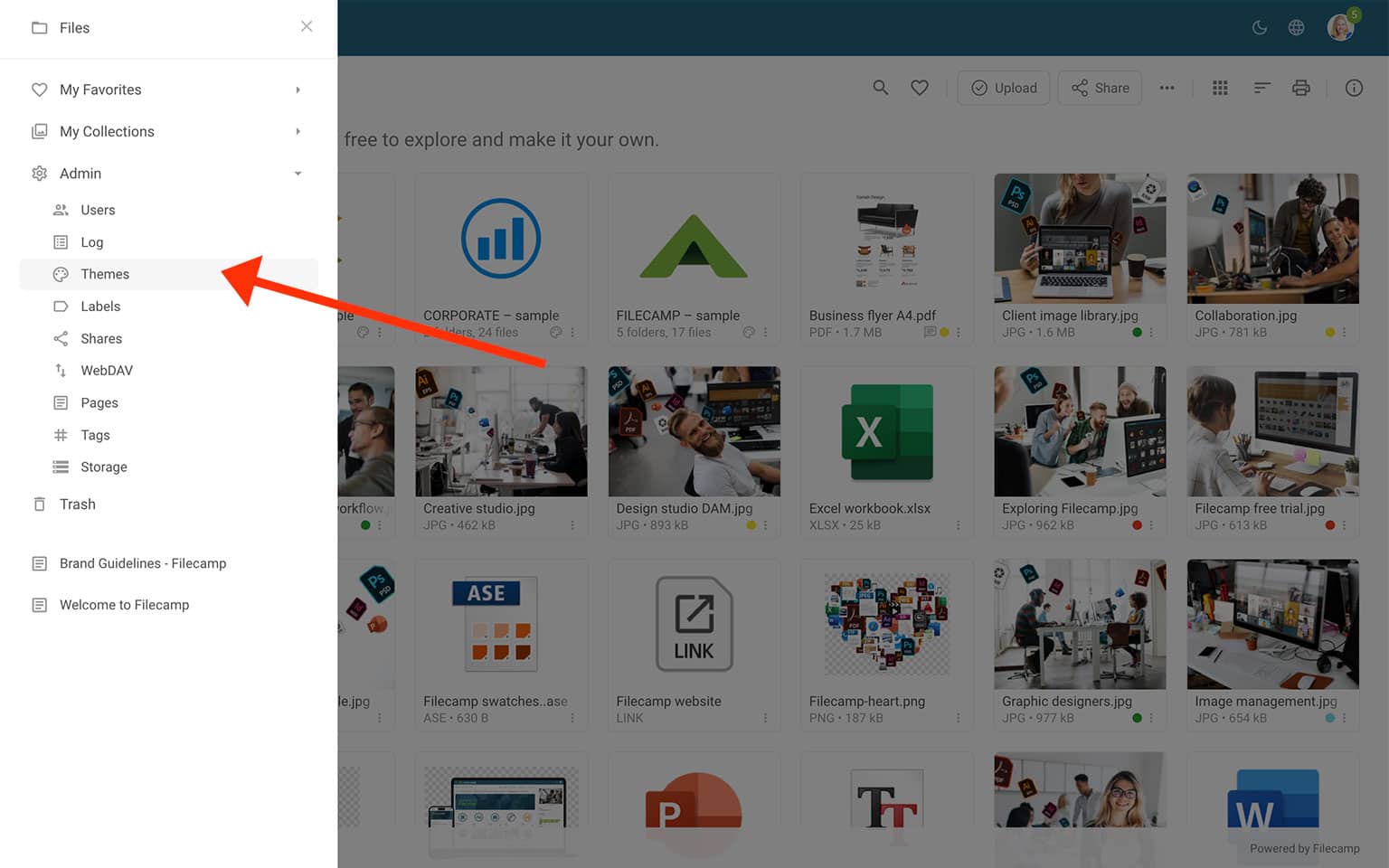Screenshot of Filecamp online file management platform with folder navigation menu.