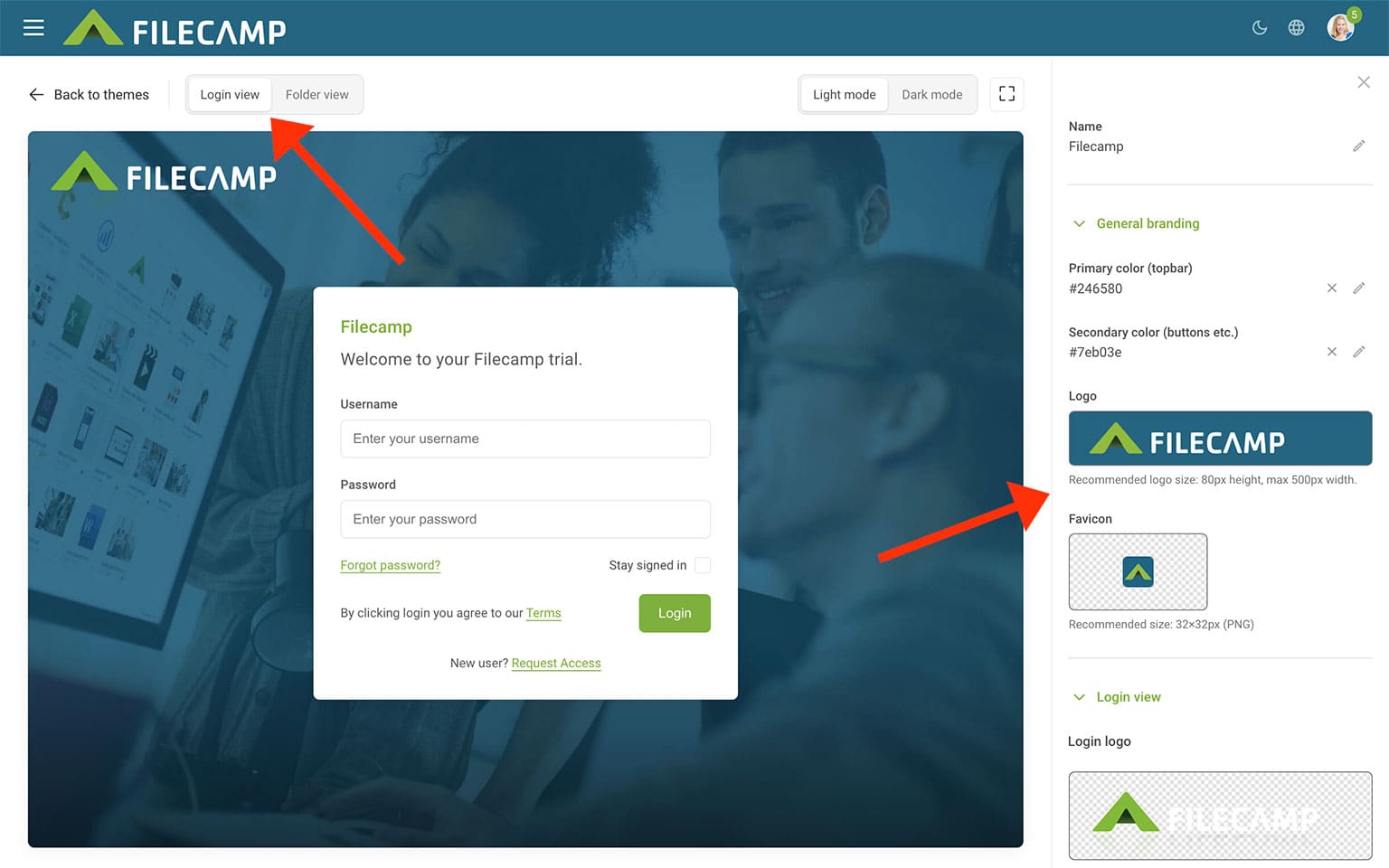 Screenshot of Filecamp login page with branding and login form.