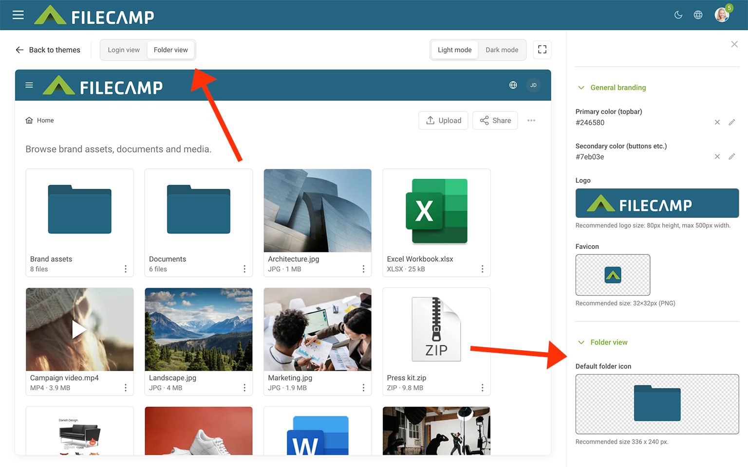 Screenshot of Filecamp digital asset management platform with folders and files displayed.
