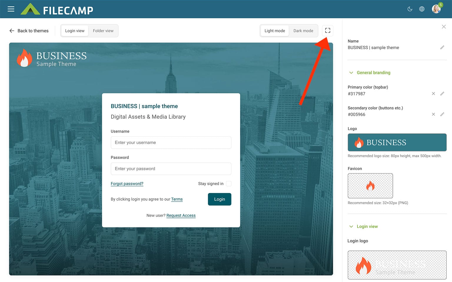 Screenshot of Filecamp business website login page with cityscape background and branding.