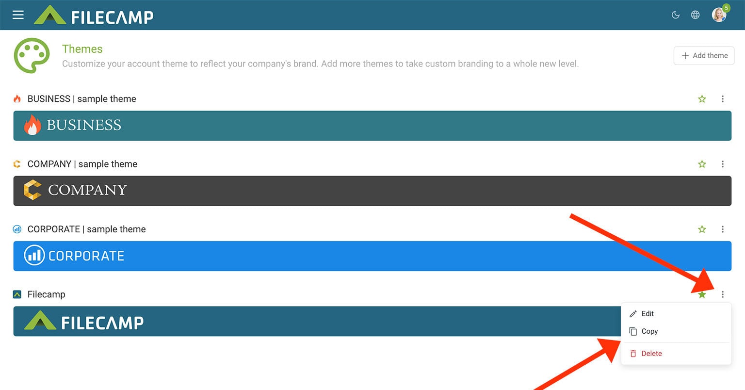 Screenshot of Filecamp dashboard showing theme options and user menu.