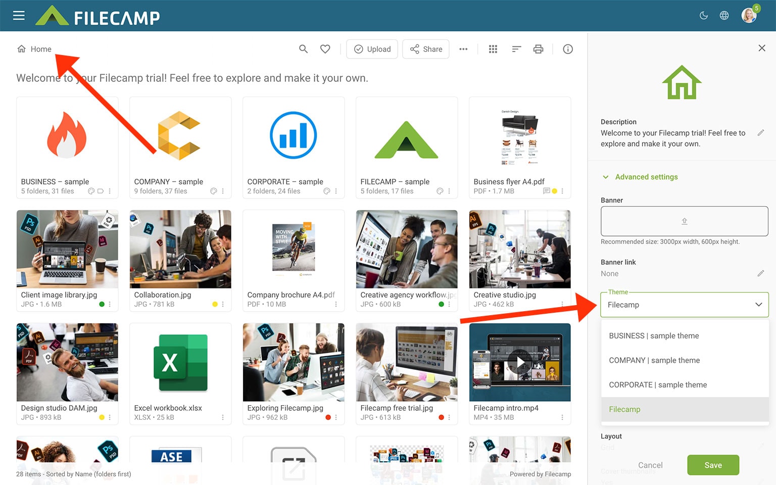 Screenshot of Filecamp platform showcasing file management and collaboration features.