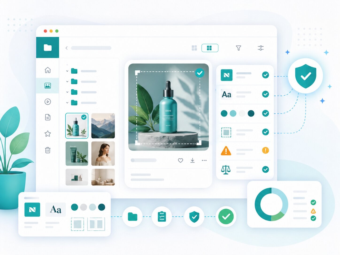 Digital asset management interface with file organization and analytics tools.