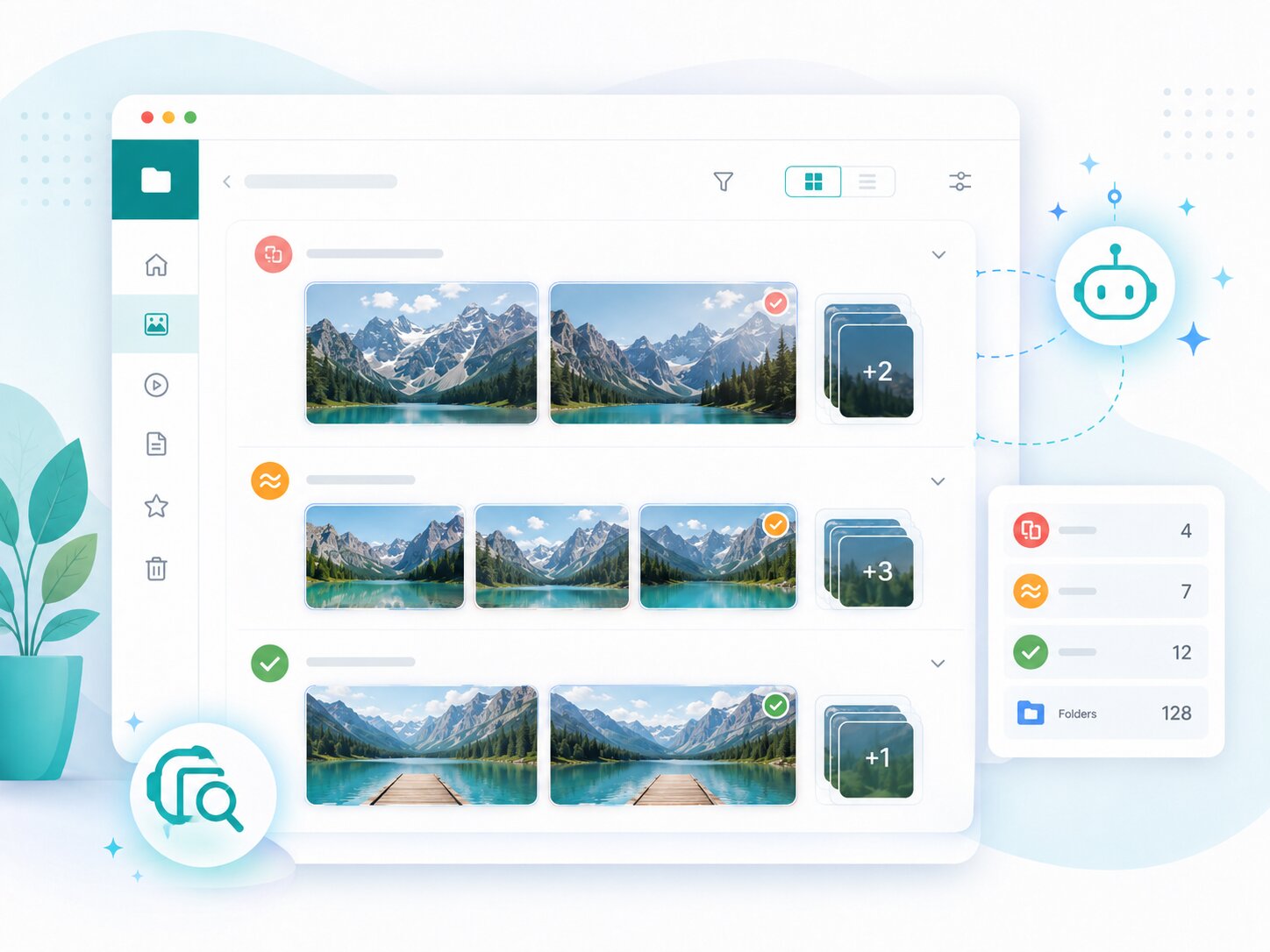 Cloud-based file management interface with mountain landscape images and user collaboration features.