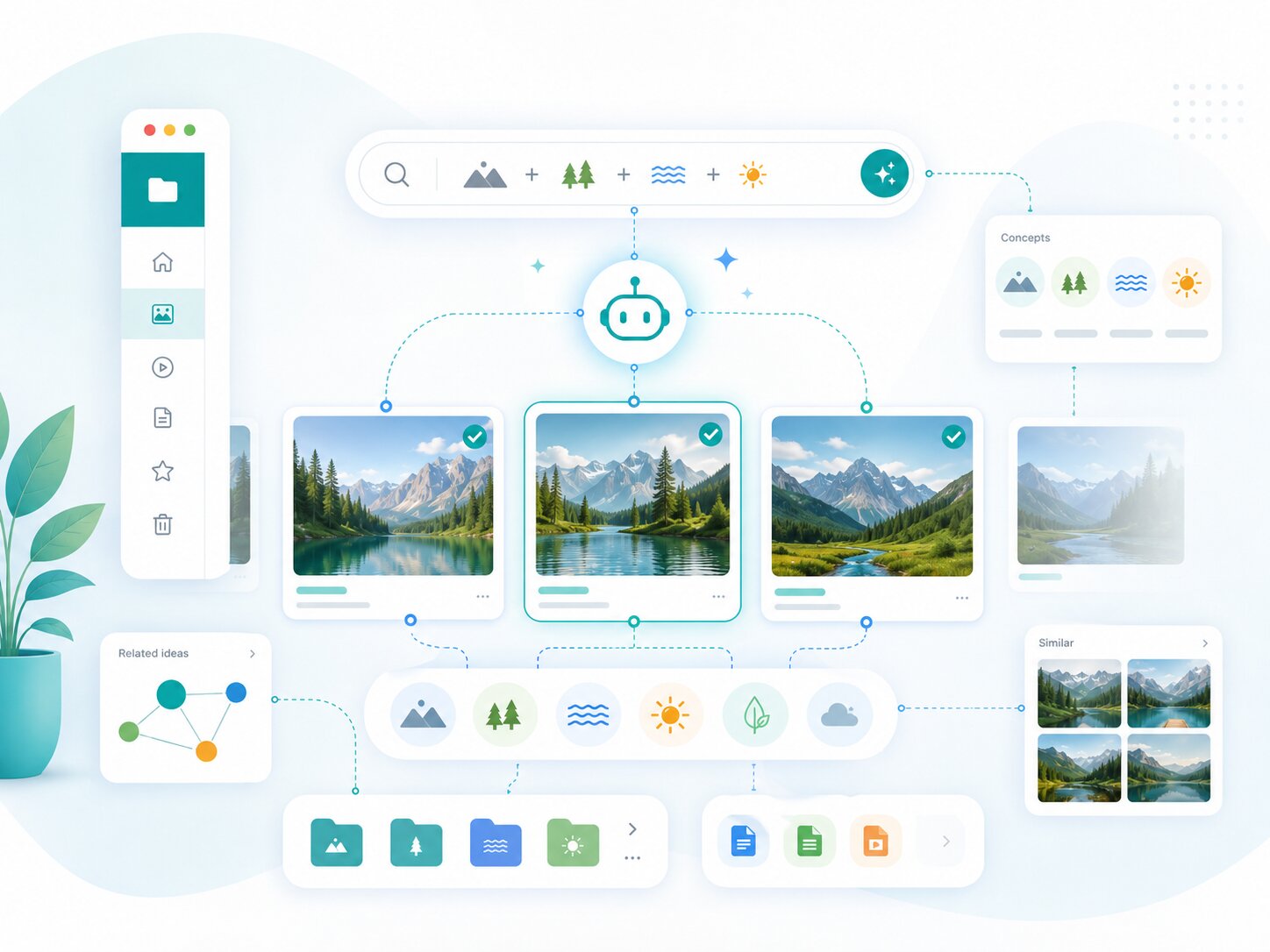 Cloud-based file management platform with landscape images and user interface elements.