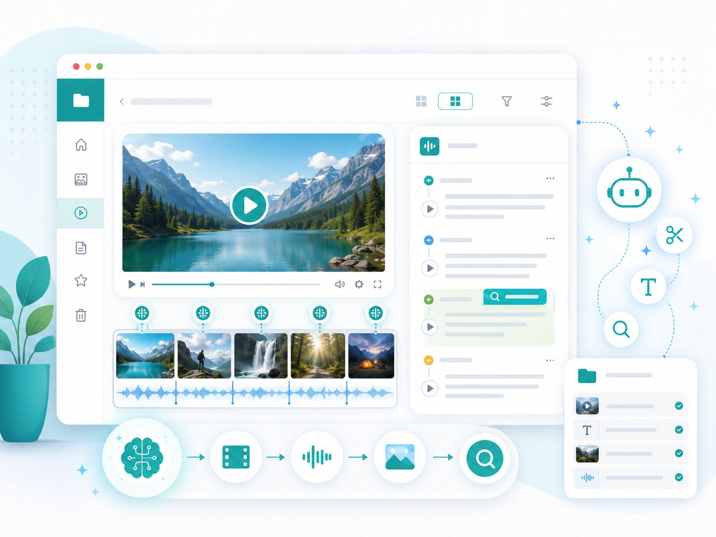User interface of Filecamp digital asset management platform with video and image editing tools.