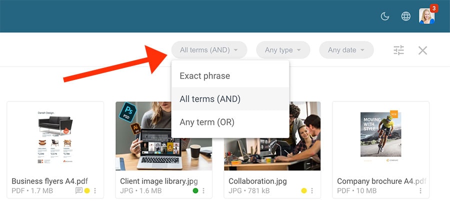 Filecamp platform interface showing search filters and asset management features.