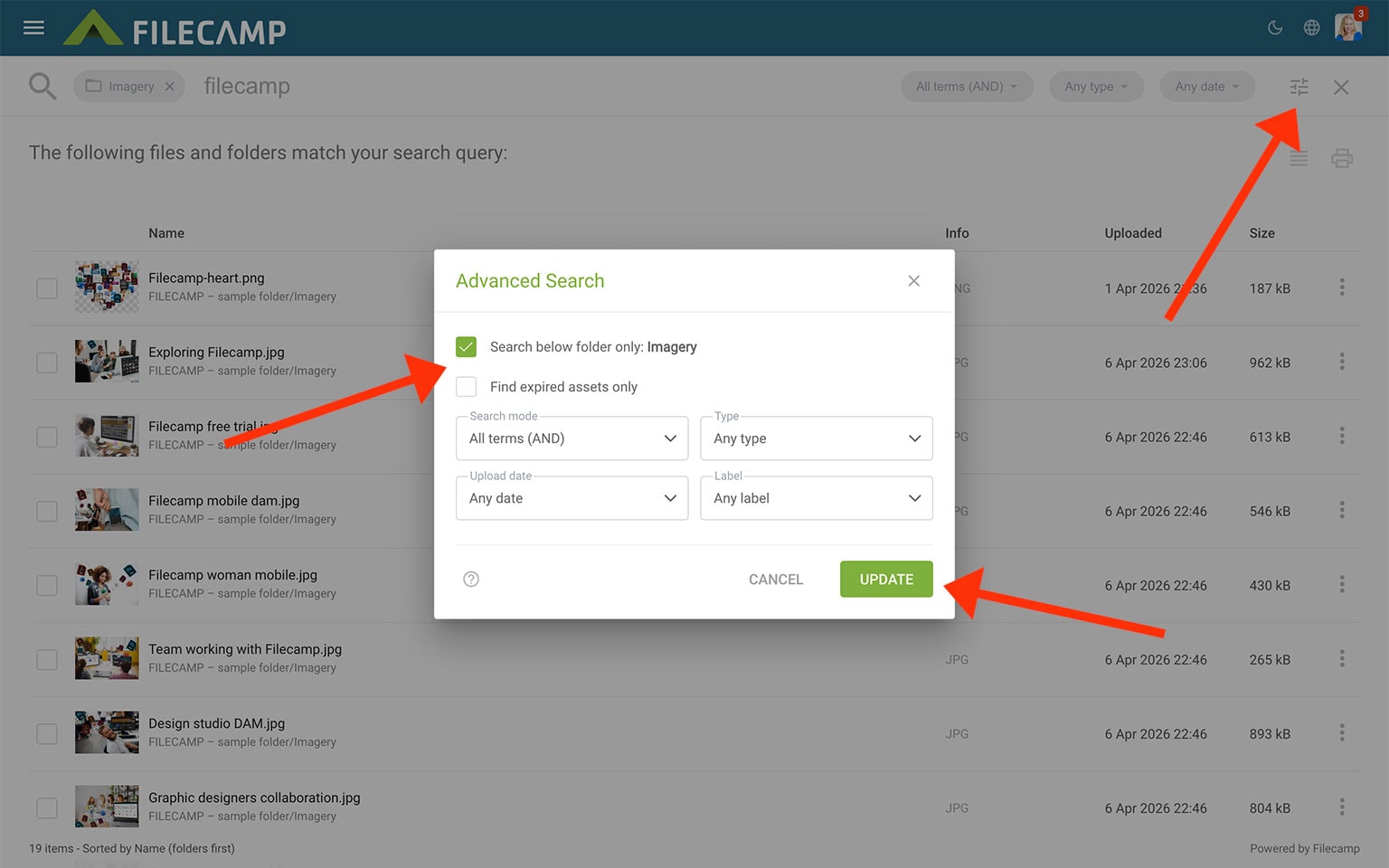 User accessing advanced search options on Filecamp file management system.