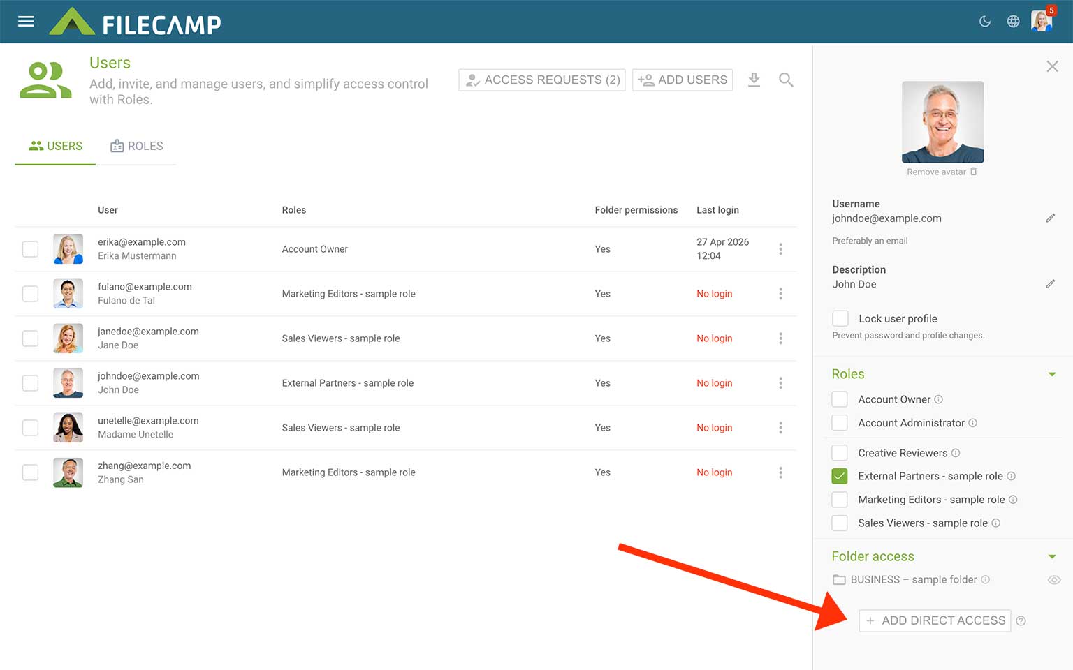 Screenshot of Filecamp user management interface with user roles and permissions.