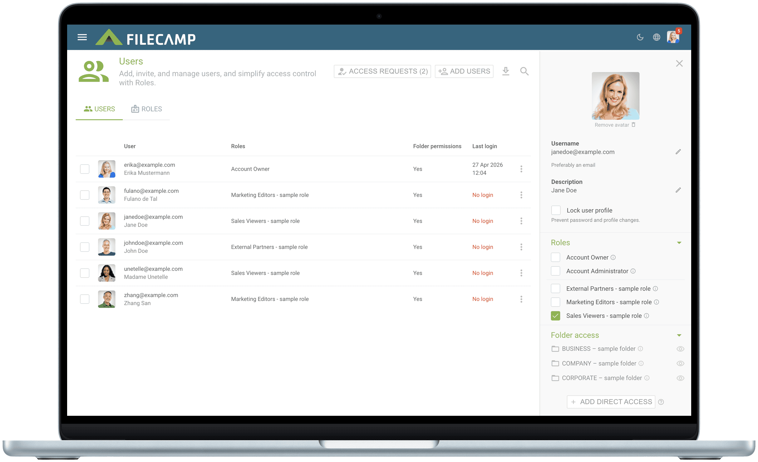 Screenshot of Filecamp user management interface with user roles and access controls.