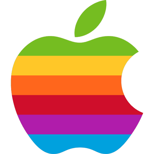 Colorful rainbow-striped Apple logo on black background.