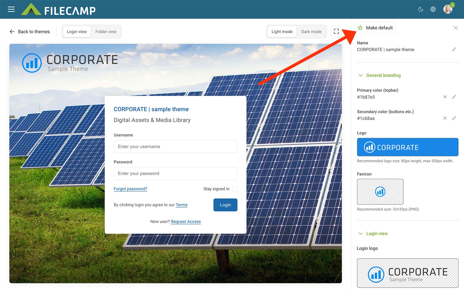 Solar panels on a grassy field with a corporate login interface overlay.